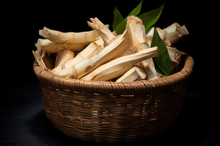 Photo of a basket filled with cassavaの素材