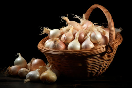Photo of a basket filled with onionsの素材