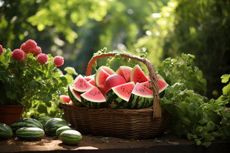 Photo of a basket filled with watermelonsの素材