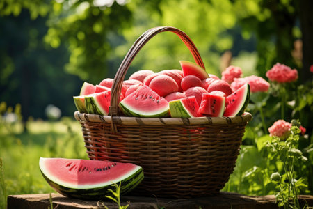 Photo of a basket filled with watermelonsの素材