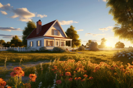 Photo of a house in the countryside with a beautiful landscapeの素材