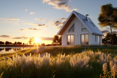 Photo of a house in the countryside with a beautiful landscapeの素材