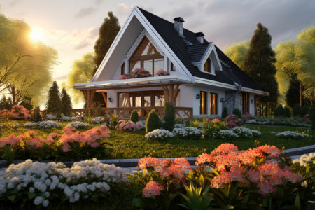 Photo of a house in the countryside with a beautiful landscapeの素材