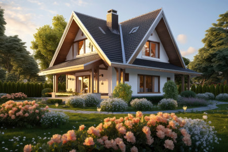 Photo of a house in the countryside with a beautiful landscapeの素材