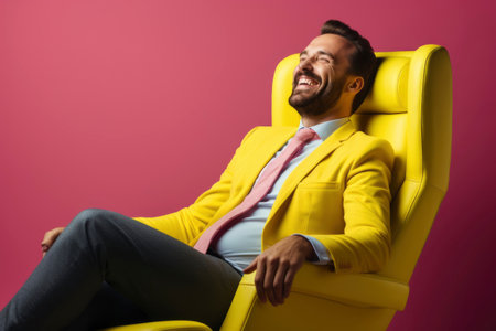 Photo of a businessman smiling while sitting in a chairの素材