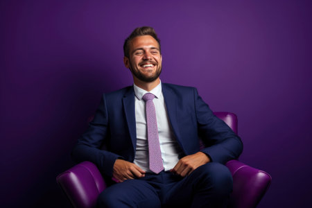 Photo of a businessman smiling while sitting in a chairの素材