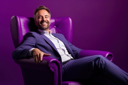 Photo of a businessman smiling while sitting in a chairの素材