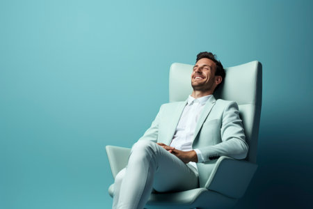 Photo of a businessman smiling while sitting in a chairの素材