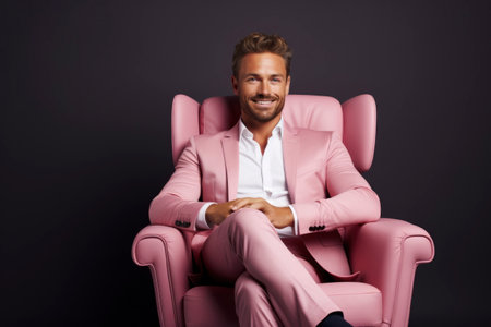 Photo of a businessman smiling while sitting in a chairの素材