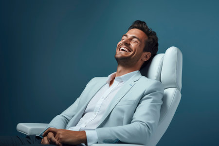 Photo of a businessman smiling while sitting in a chairの素材