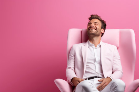 Photo of a businessman smiling while sitting in a chairの素材