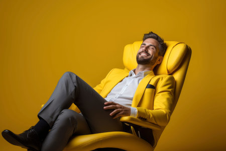 Photo of a businessman smiling while sitting in a chairの素材