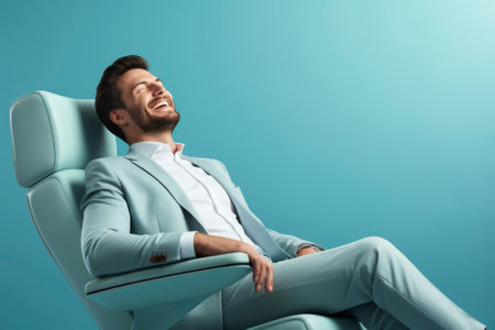 Photo of a businessman smiling while sitting in a chairの素材