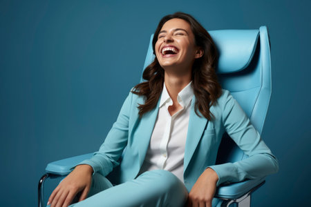 Photo of a businesswoman smiling while sitting in a chairの素材