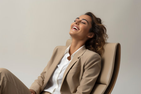 Photo of a businesswoman smiling while sitting in a chairの素材