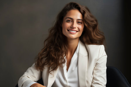 Photo of a businesswoman smiling while sitting in a chairの素材