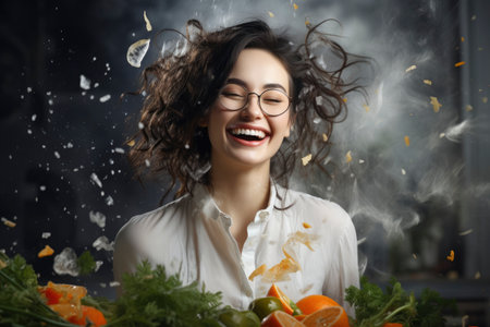 Photo of a woman smiling while cooking in the kitchenの素材