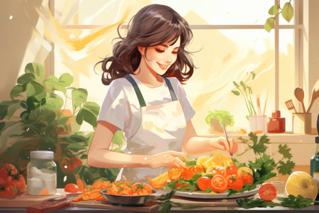 Photo of a woman smiling while cooking in the kitchenの素材