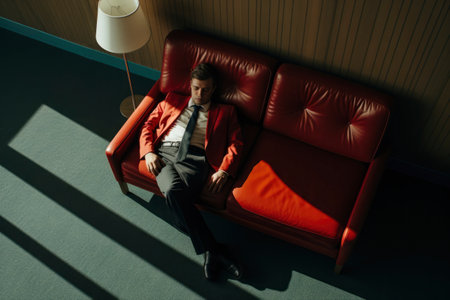 Photo of a worker wearing a suit sleeping due to exhaustionの素材