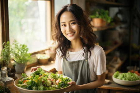 Photo of a woman smiling while cooking in the kitchenの素材