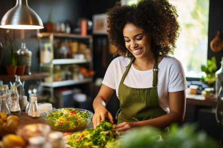 Photo of a woman smiling while cooking in the kitchenの素材