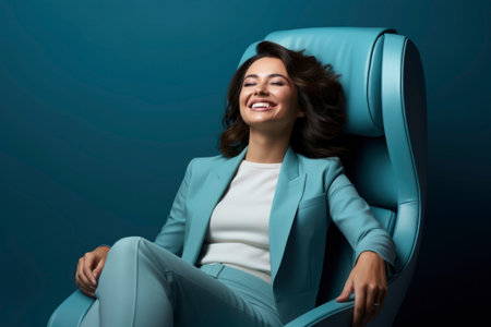 Photo of a businesswoman smiling while sitting in a chairの素材
