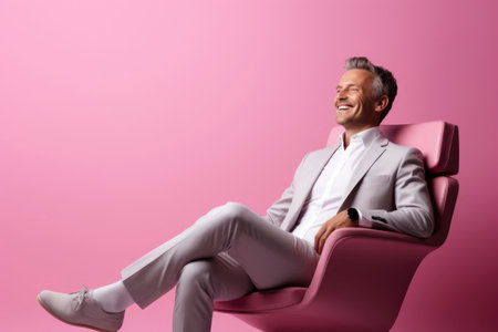Photo of a businessman smiling while sitting in a chairの素材