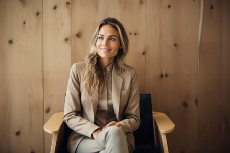 Photo of a businesswoman smiling while sitting in a chairの素材