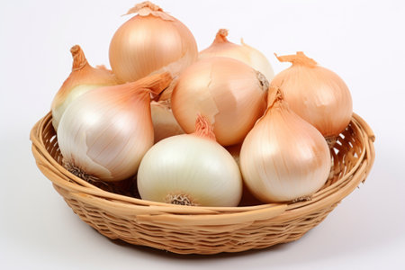 Photo of a basket filled with onionsの素材