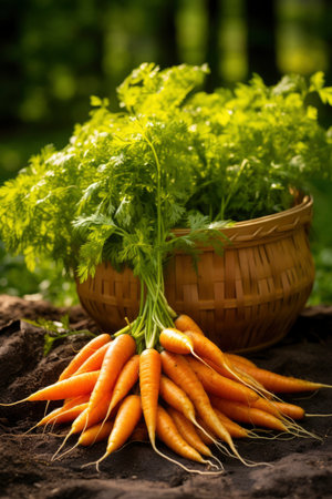 Photo of a basket filled with fresh carrotsの素材