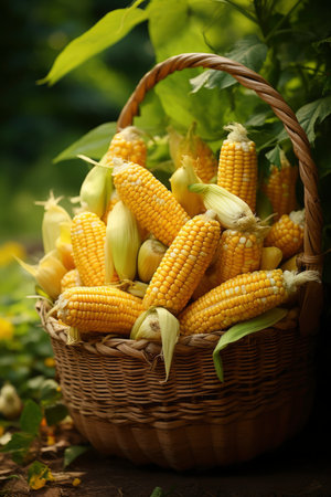 Photo of a basket filled with raw cornの素材