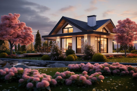 Photo of a house in the countryside with a beautiful landscapeの素材