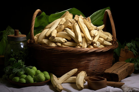 Photo of a basket filled with cassavaの素材