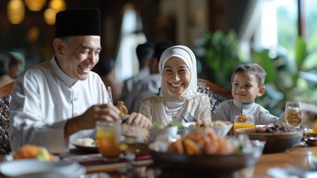 Photo of an Islamic family eating togetherの素材