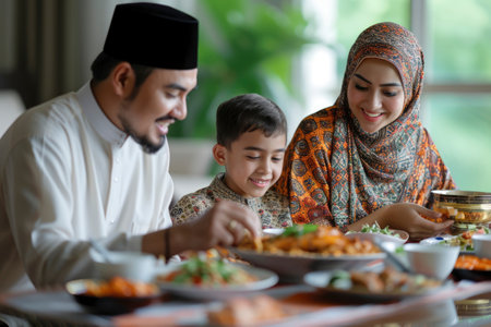 Photo of an Islamic family eating togetherの素材