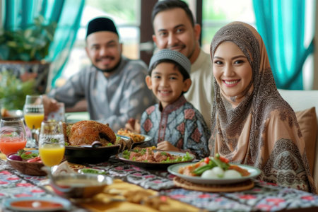 Photo of an Islamic family eating togetherの素材
