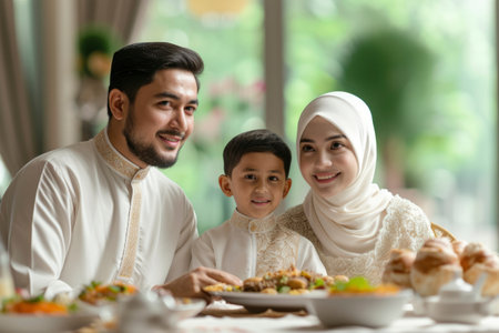 Photo of an Islamic family eating togetherの素材