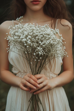 Photo of a woman holding bridal bouquetの素材