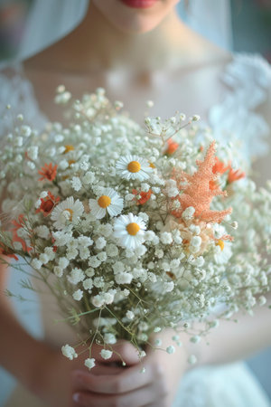 Photo of a woman holding bridal bouquetの素材