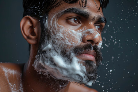 photo of man shaving his beardの素材