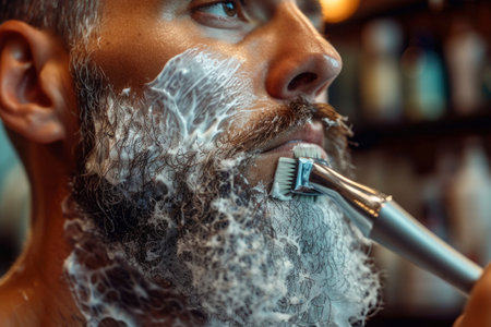 photo of man shaving his beardの素材