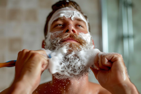photo of man shaving his beardの素材