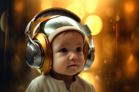 Photo a cute baby wearing headphoneの素材