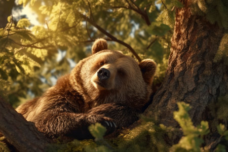 Photo of a bear sleeping in the treeの素材