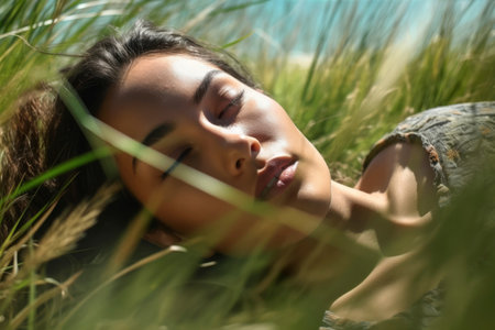 Photo of a woman lying on the grassの素材