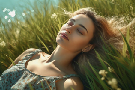 Photo of a woman lying on the grassの素材