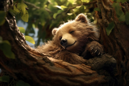 Photo of a bear sleeping in the treeの素材