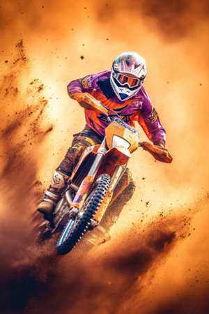 Photo of a motocross rider on the dusty roadの素材