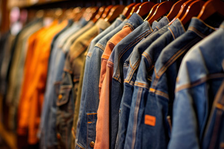 Denim jackets hanging on the rack in a clothing storeの素材