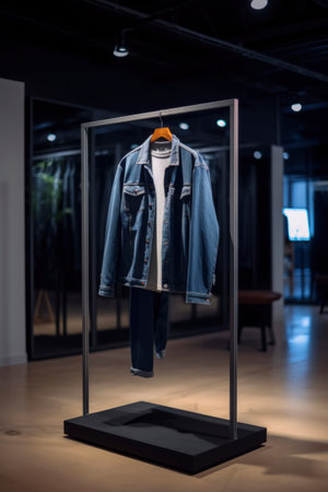 Denim jackets hanging on the rack in a clothing storeの素材
